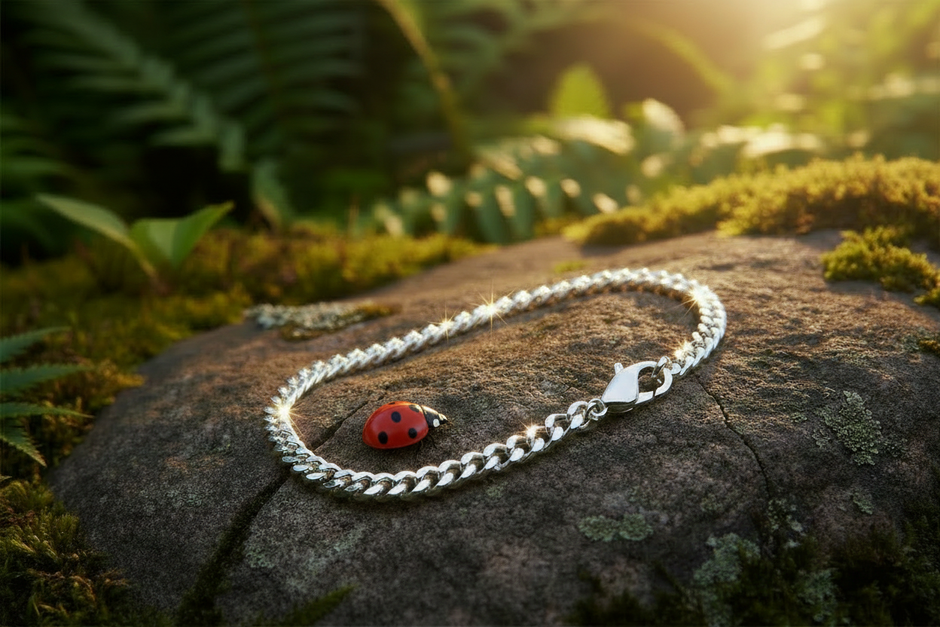 Silver bracelet with extra sparkle and ladybug on rock