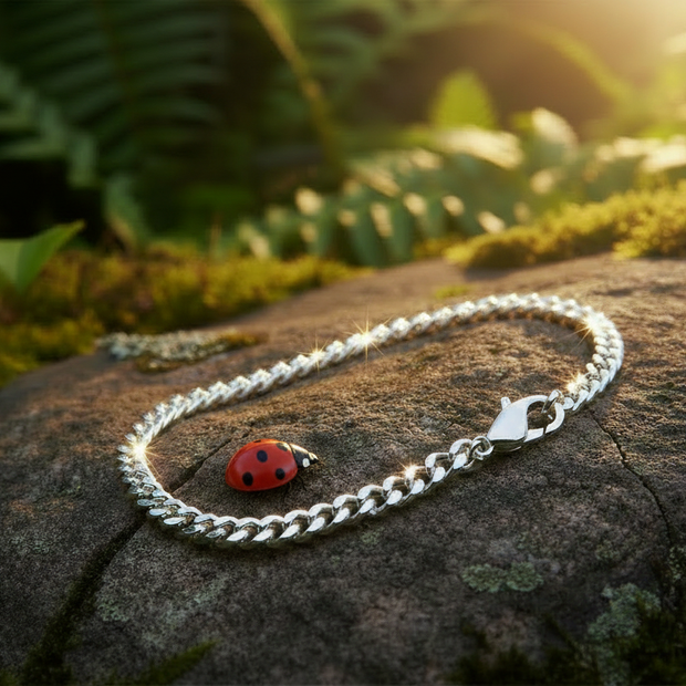 Silver bracelet with extra sparkle and ladybug on rock
