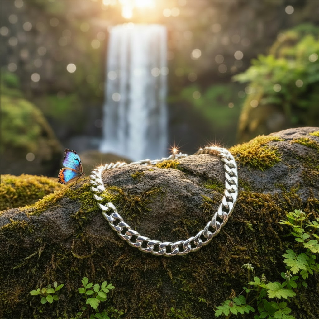 Silver chain bracelet with butterfly on moss