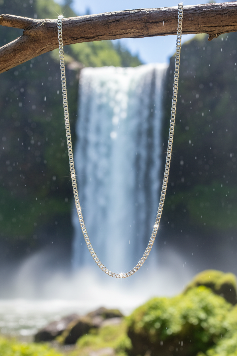 Silver chain hanging clearly visible with waterfall background