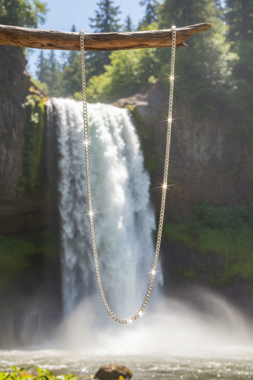 Silver chain hanging down from branch with waterfall
