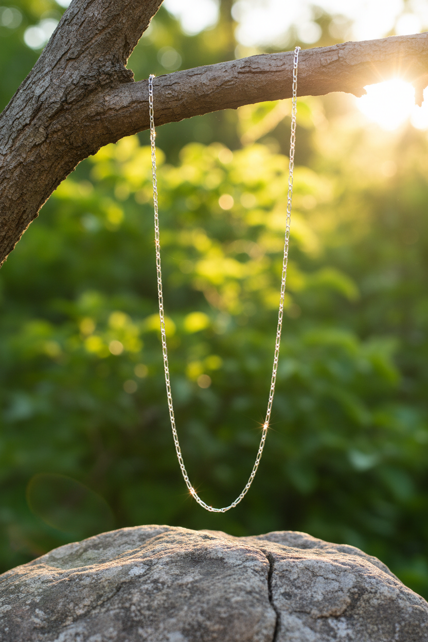 Silver chain hanging from branch over rock
