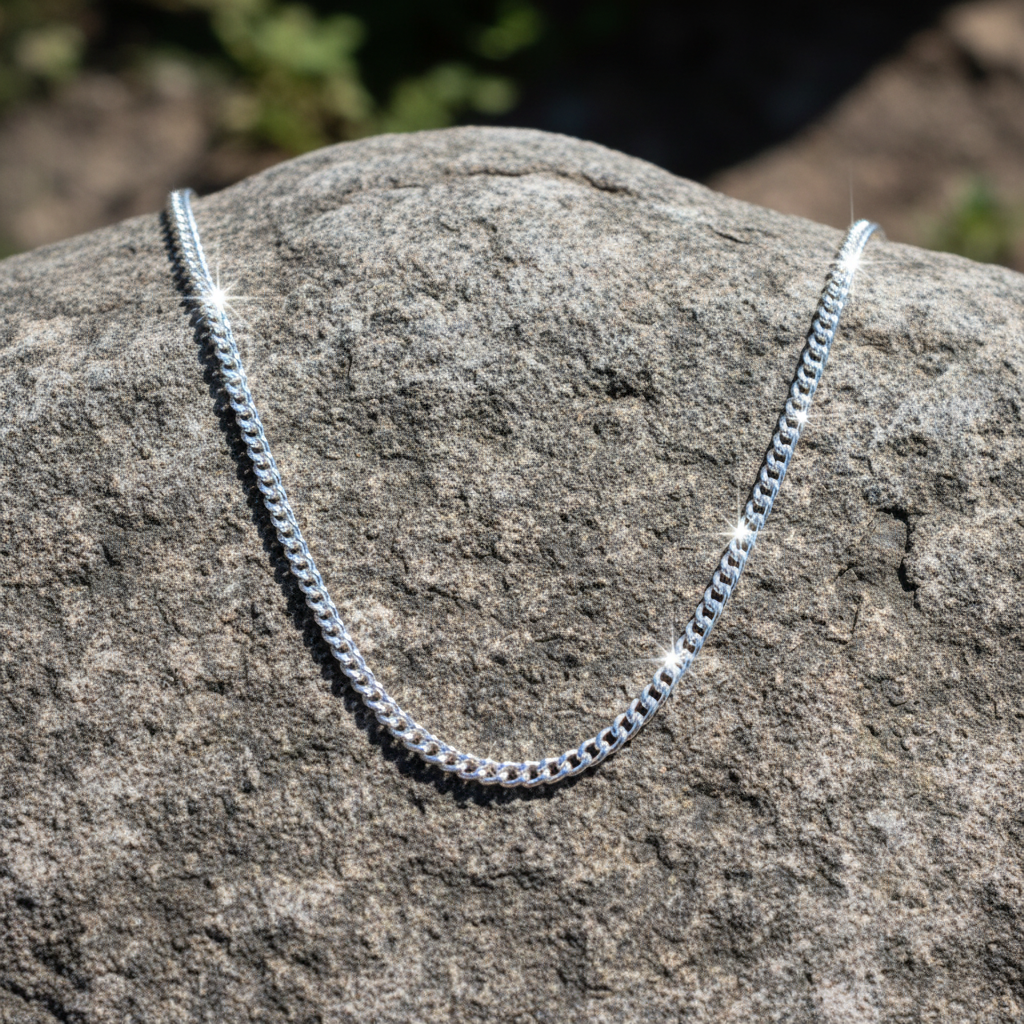 Silver chain laid flat on rock