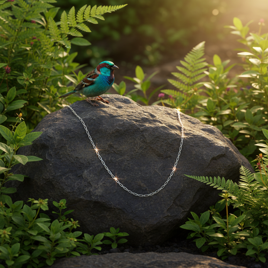 Silver chain on rock with sparrow and greenery