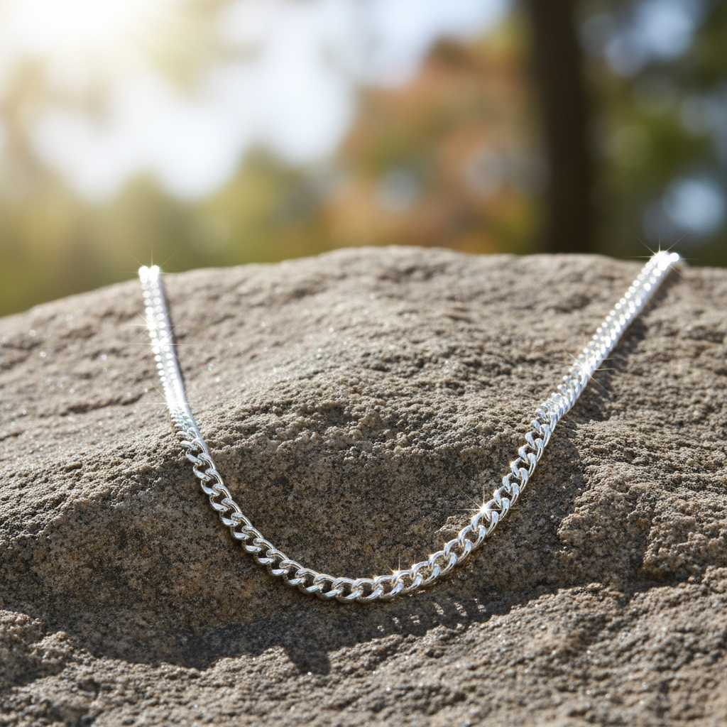 Silver chain on rock with sunlight