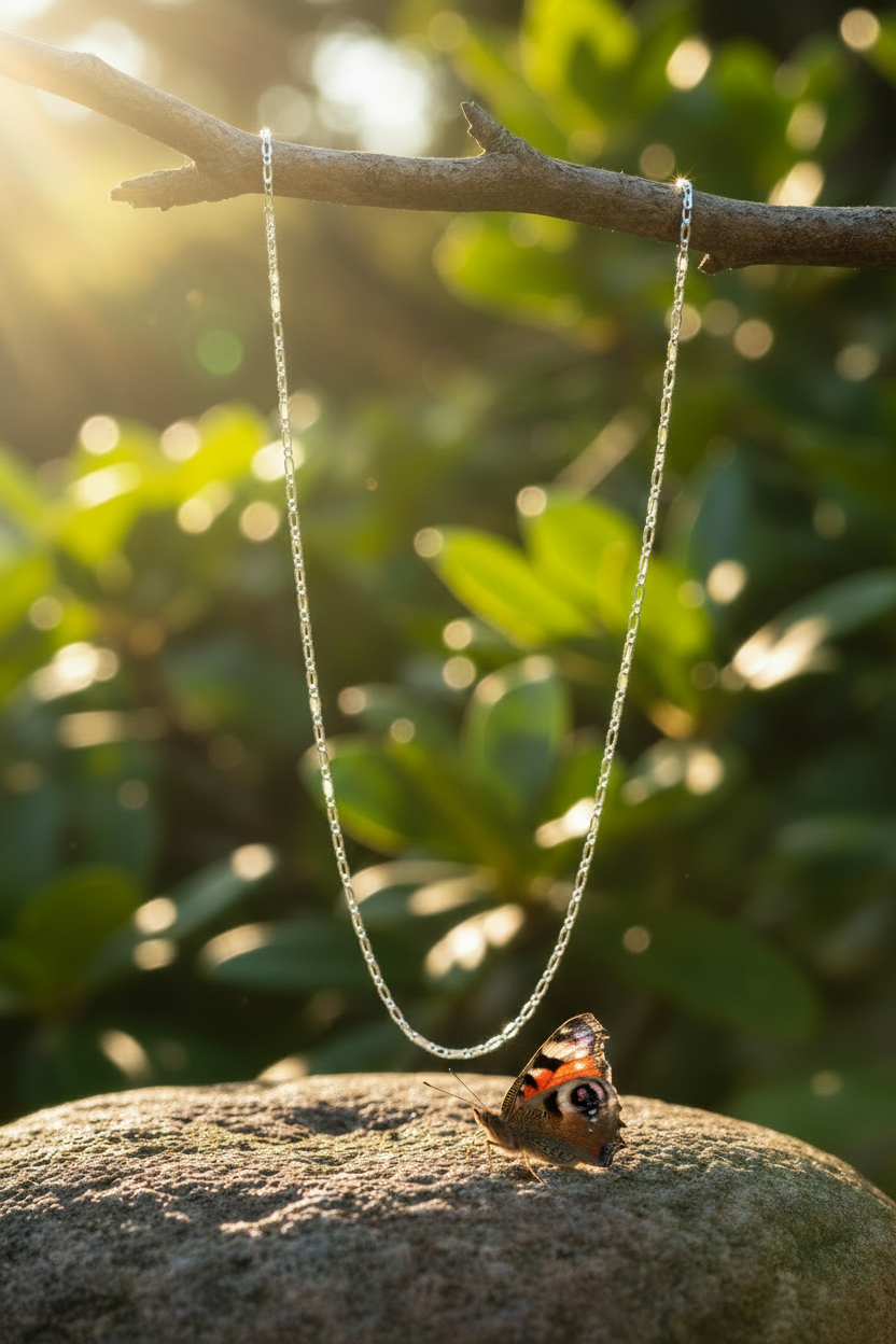 Silver chain with butterfly on rock