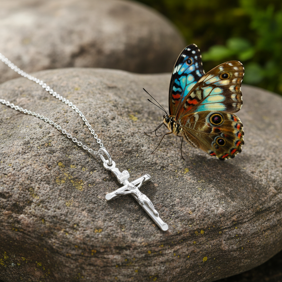 Silver crucifix on rock with butterfly