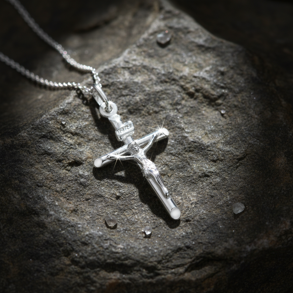 Silver crucifix on rock with sparkle