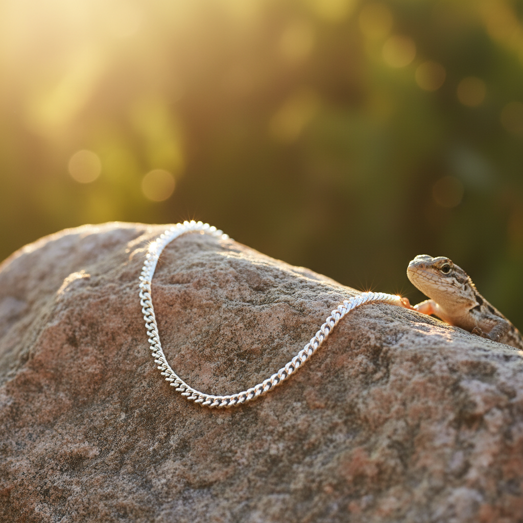 Silver curb chain on rock with sunlight and lizard