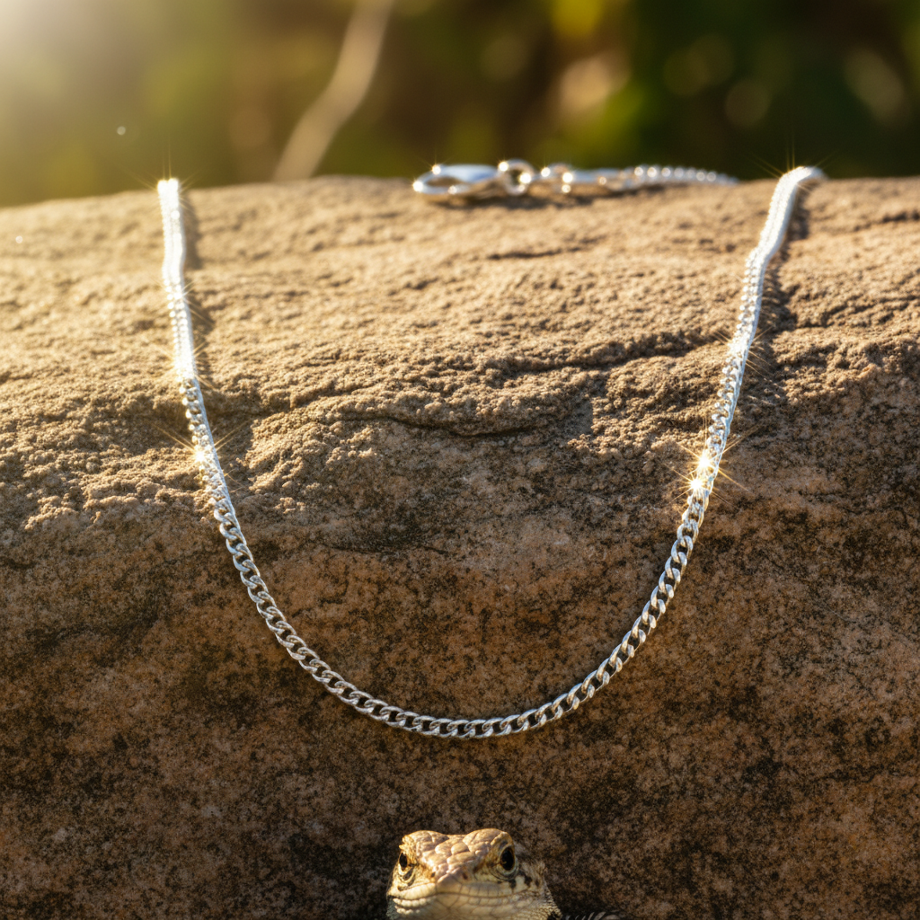 Silver curb chain with sparkle on rock
