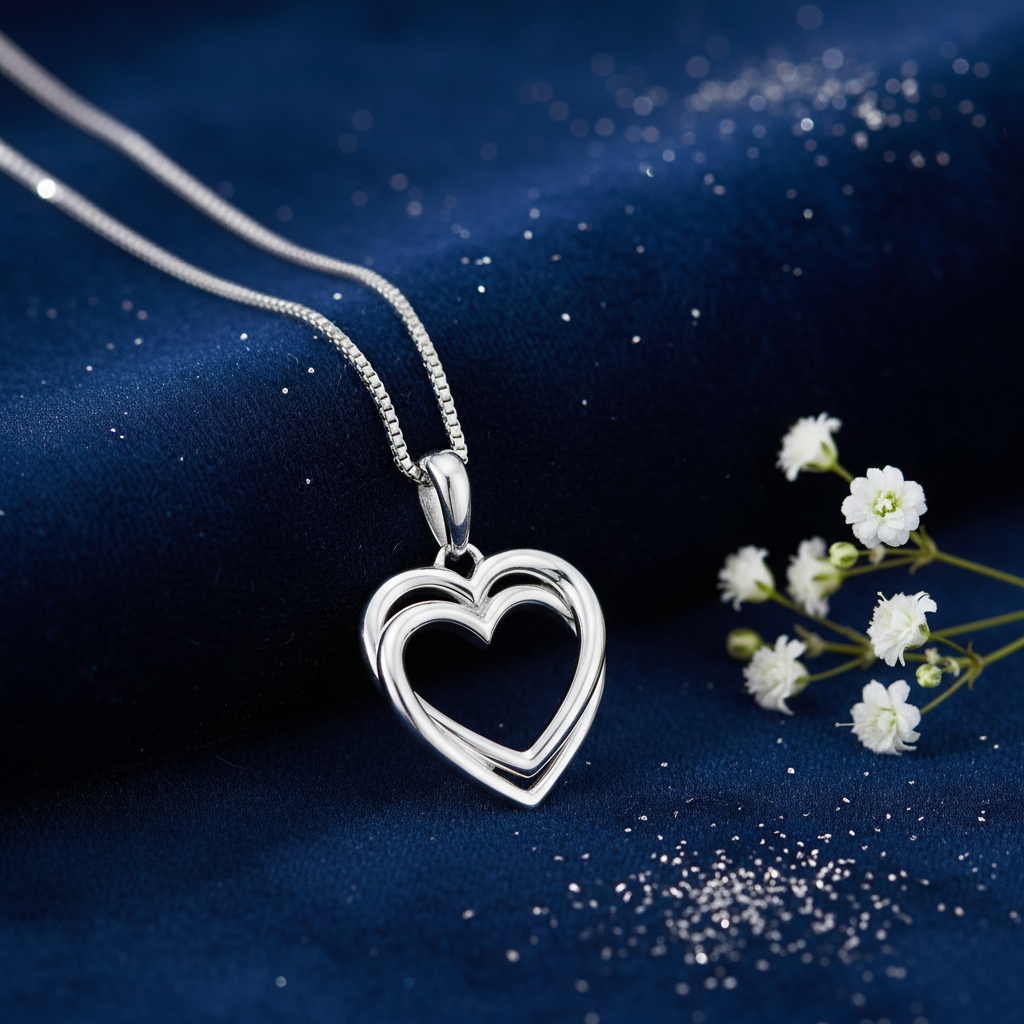 Silver Double Heart Pendant — V3 Silver Dust + Floral