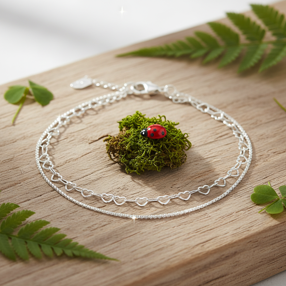 Silver double-strand anklet on wood with ladybug, greenery, and sparkle