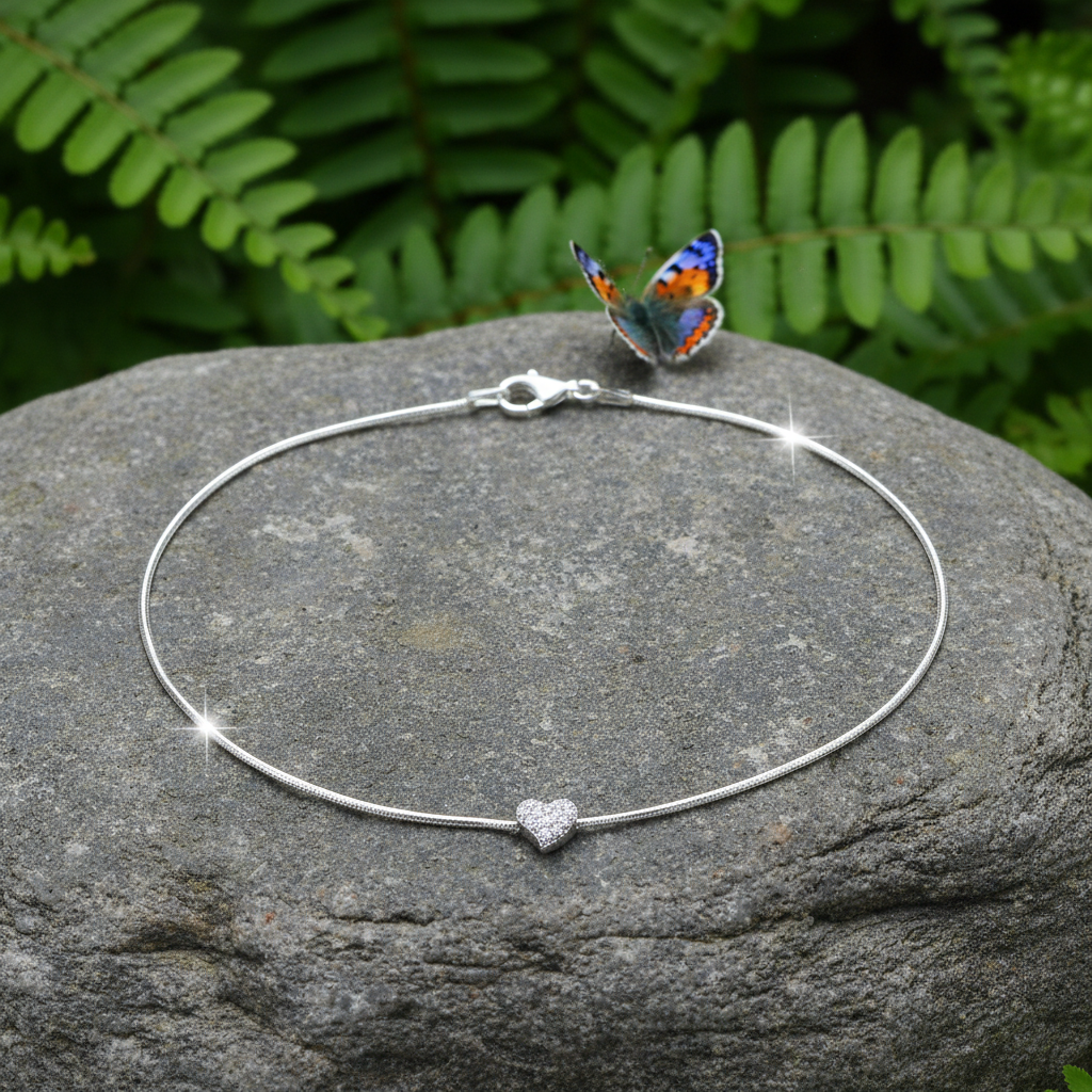 Silver heart anklet with smaller butterfly