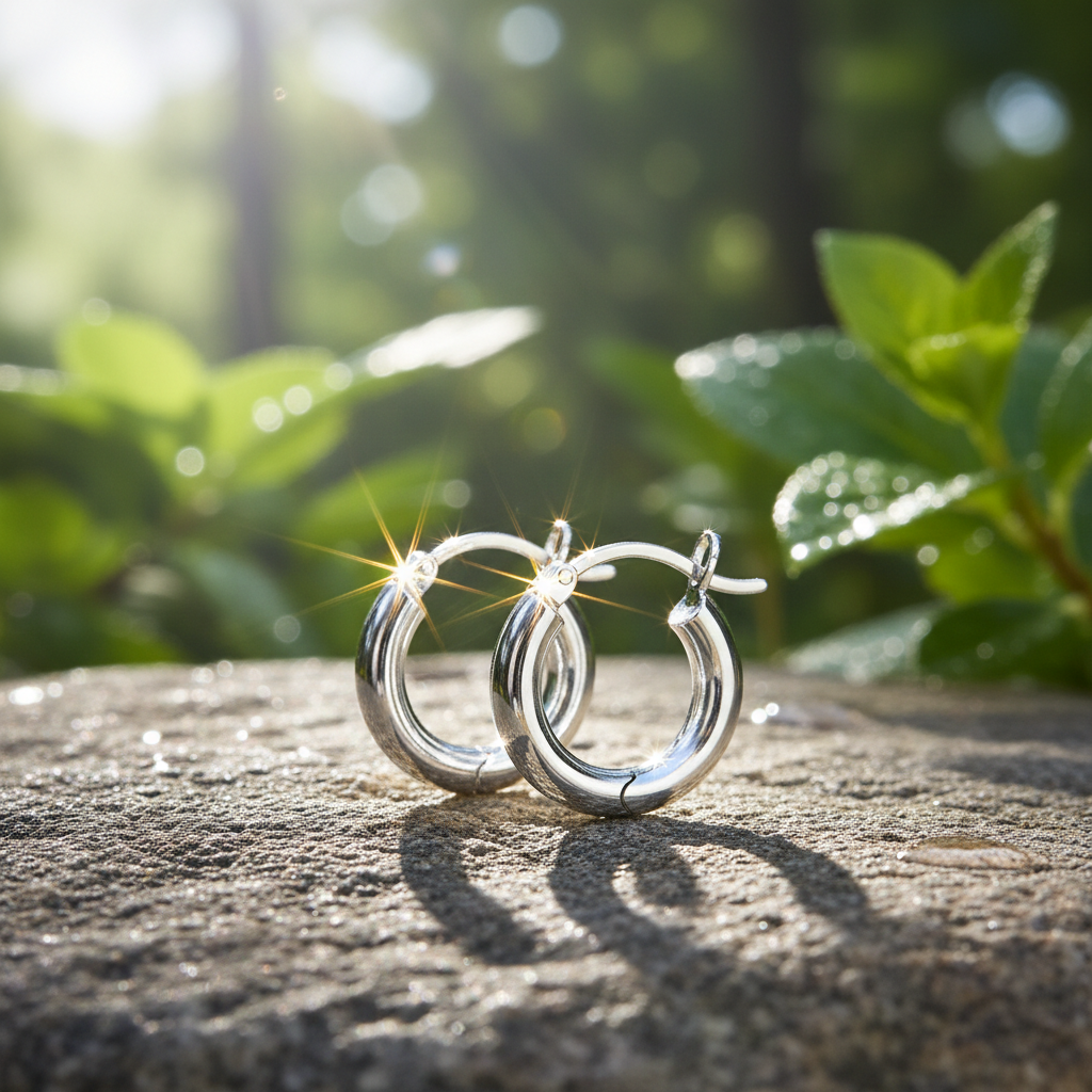 Silver hoop earrings on rock with sunlight