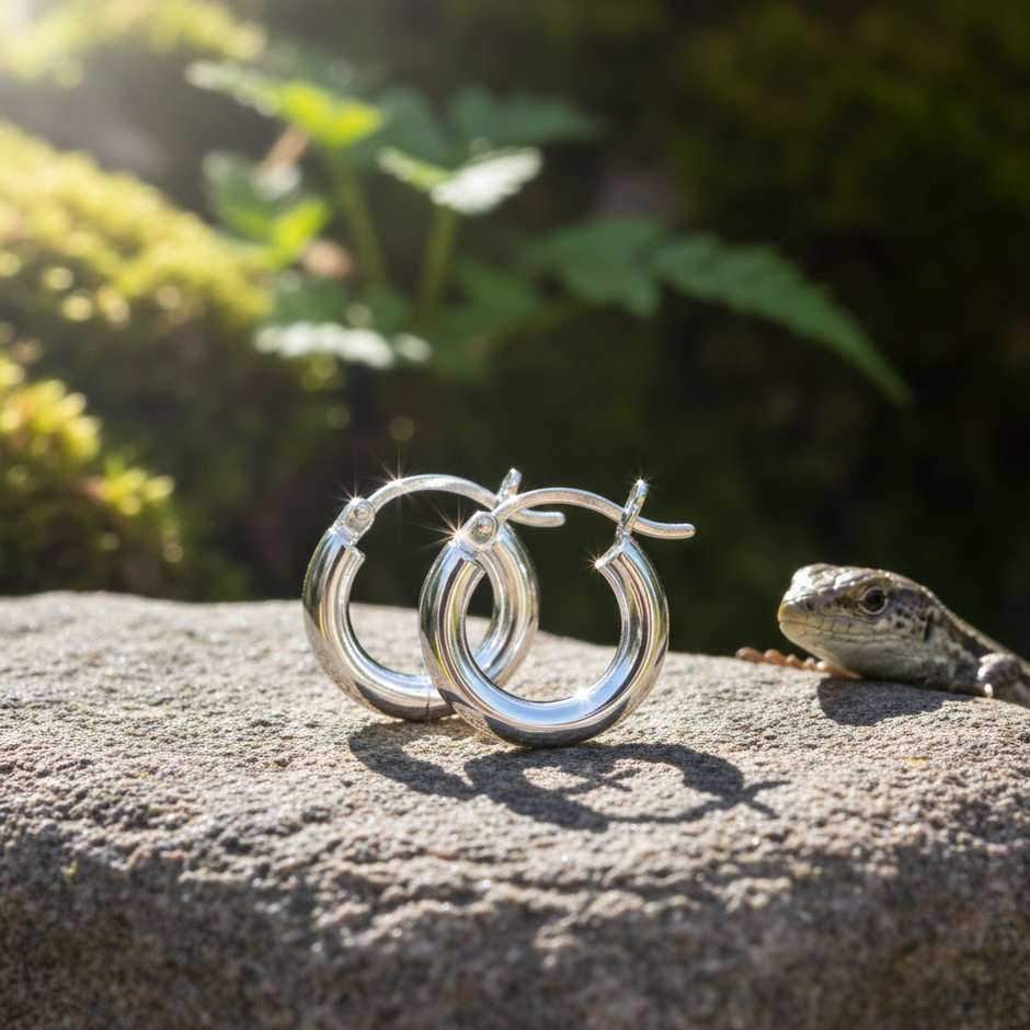 Silver hoop earrings on rock with tiny lizard
