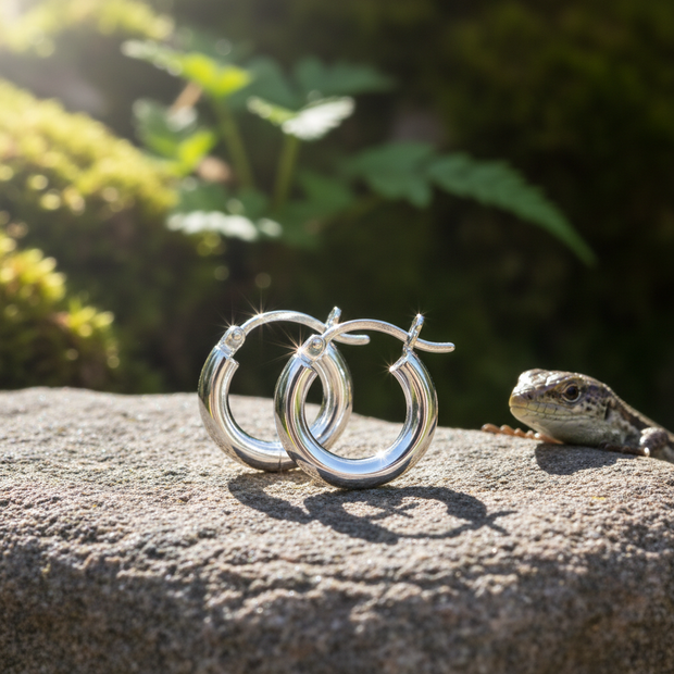 Silver hoop earrings on rock with tiny lizard