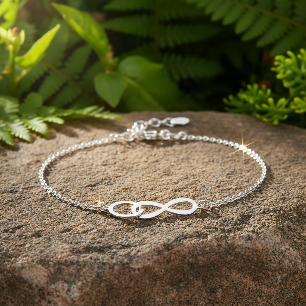 Silver infinity bracelet with sunlight sparkle on rock