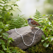 Silver necklace on rock with sparrow and greenery