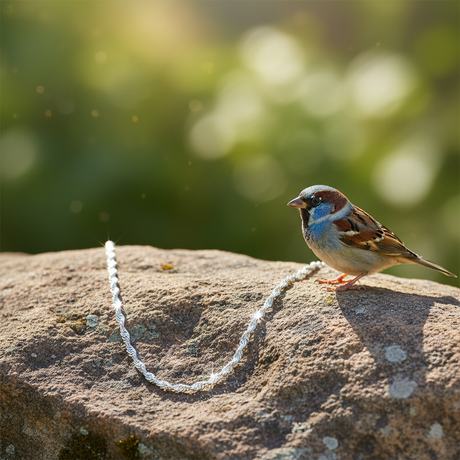 Silver necklace on rock with sparrow