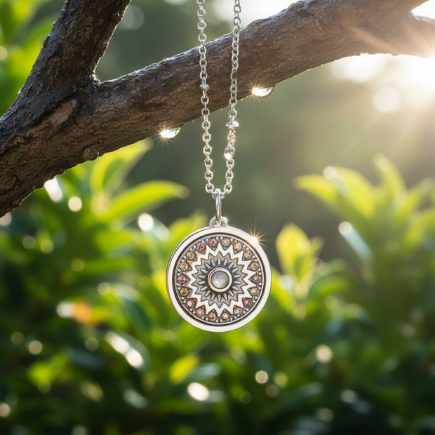 Silver sunburst pendant hanging from branch with dew