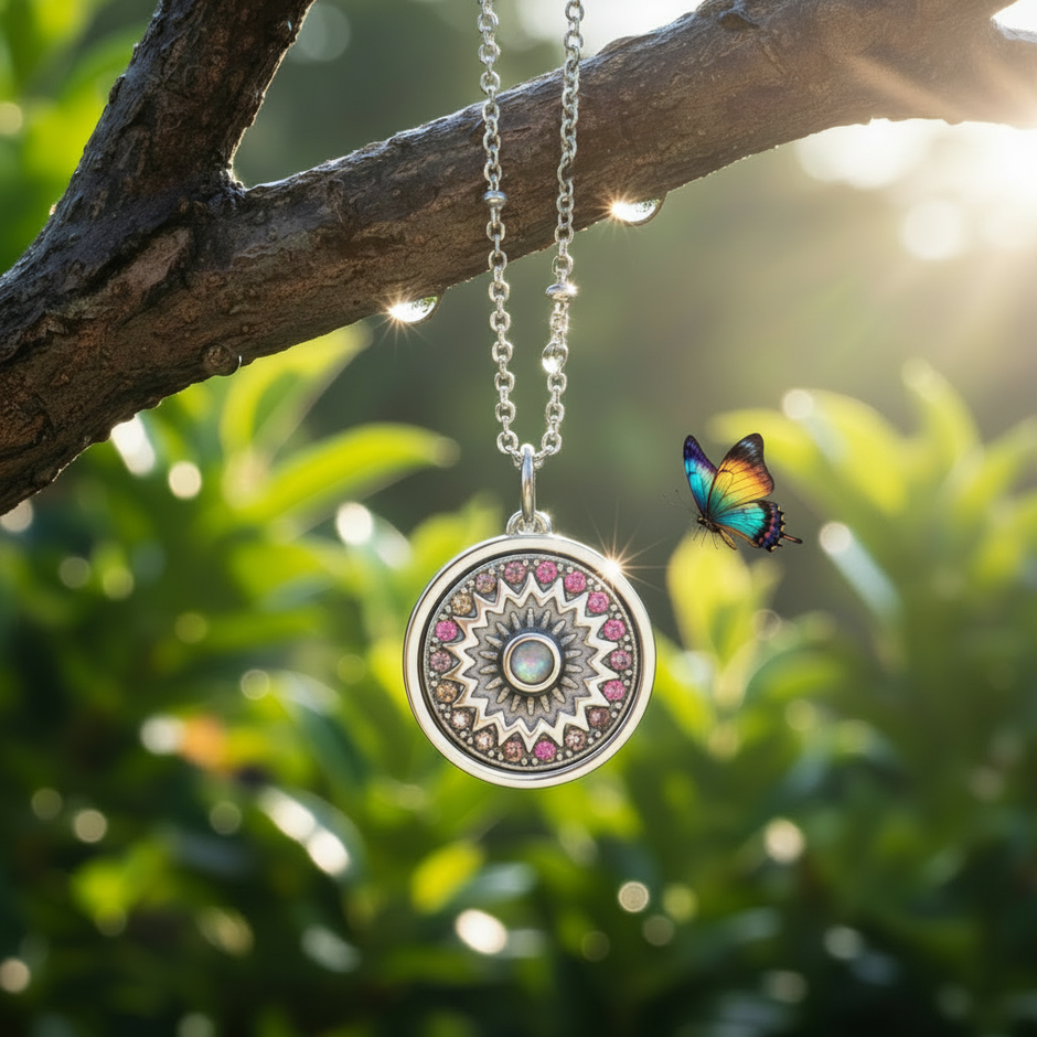 Silver sunburst pendant with maximum sparkle and butterfly
