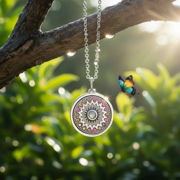 Silver sunburst pendant with maximum sparkle and butterfly