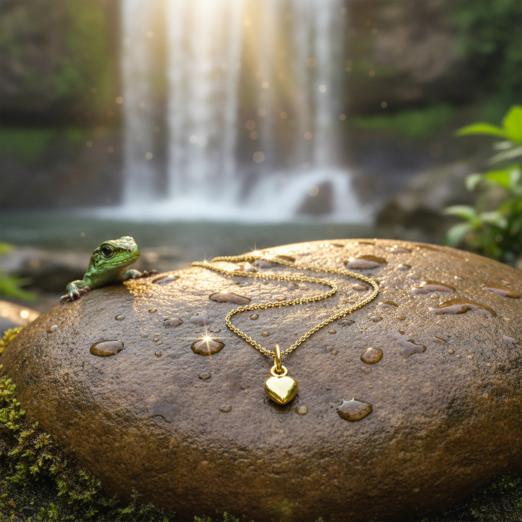 Single Gold Heart Necklace on Rock at Waterfall