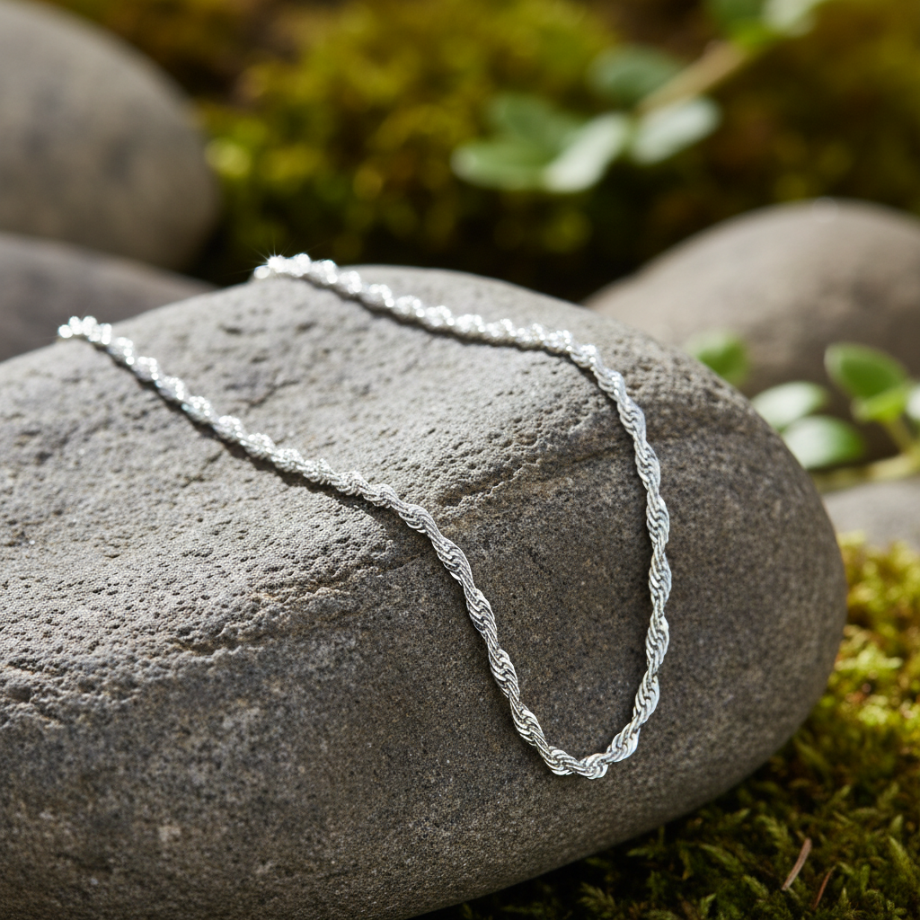 Single silver chain on rock with sunlight