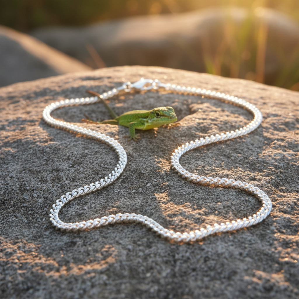 Single silver curb chain with clasp on rock