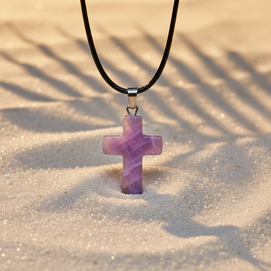 Sixth cross pendant close-up - lavender jade