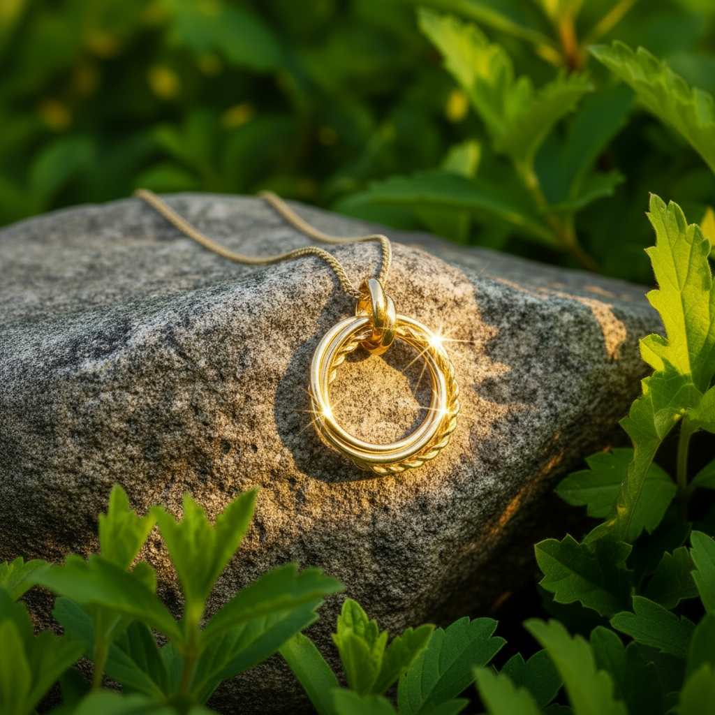 Sparkling gold necklace on rock with greenery