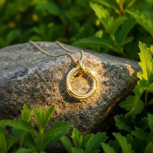 Sparkling gold necklace on rock with greenery