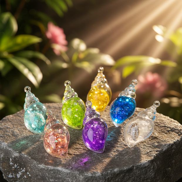 Spiral shell charms on rock with lush sunlit background