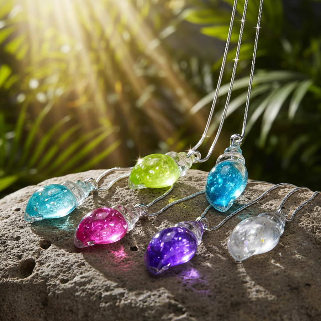 Spiral shell charms with silver snake chains on rock in sunlight