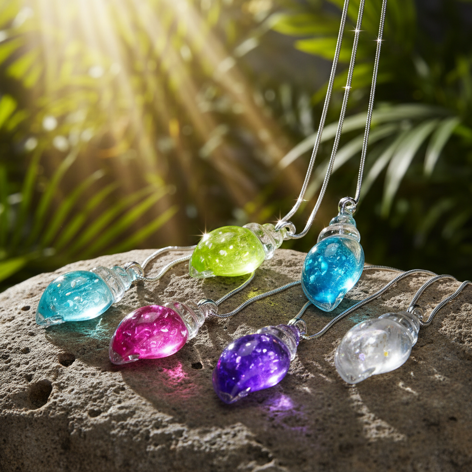 Spiral shell charms with silver snake chains on rock in sunlight