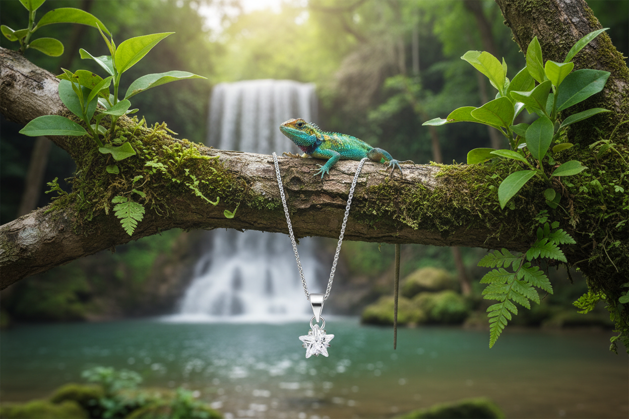 Star pendant with lizard facing camera