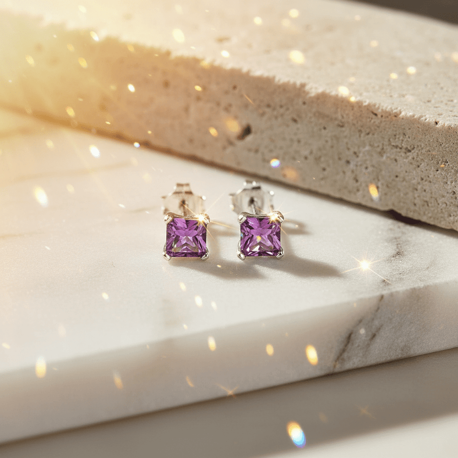 Sterling Silver 925 4mm Amethyst Square Cubic Zirconia 4 Claw Studs Earrings - DP Online
