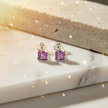 Sterling Silver Amethyst Stud Earrings Angled View with Sparkle