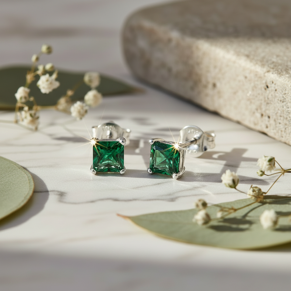 Sterling Silver Emerald Green Cubic Zirconia Stud Earrings Enhanced
