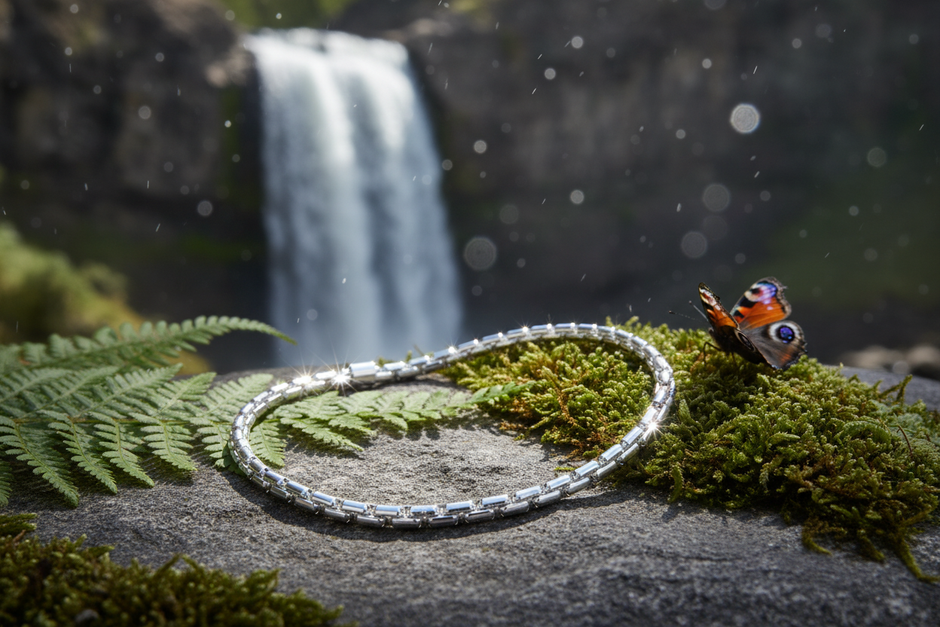 Sterling silver figaro bracelet near waterfall with greenery and butterfly