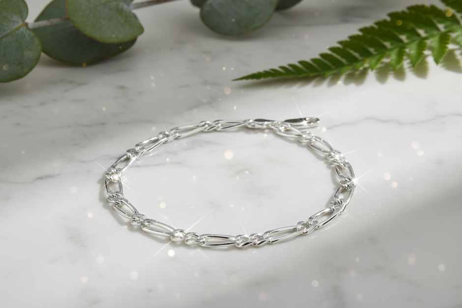 Sterling silver figaro chain bracelet with direct sunlight and intense sparkle