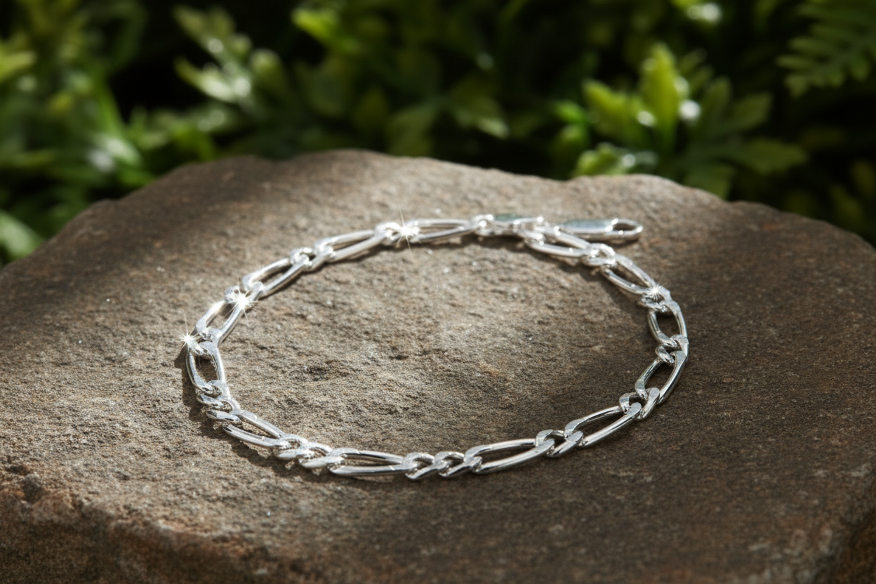 Sterling silver figaro chain bracelet with intense sparkle on natural rock