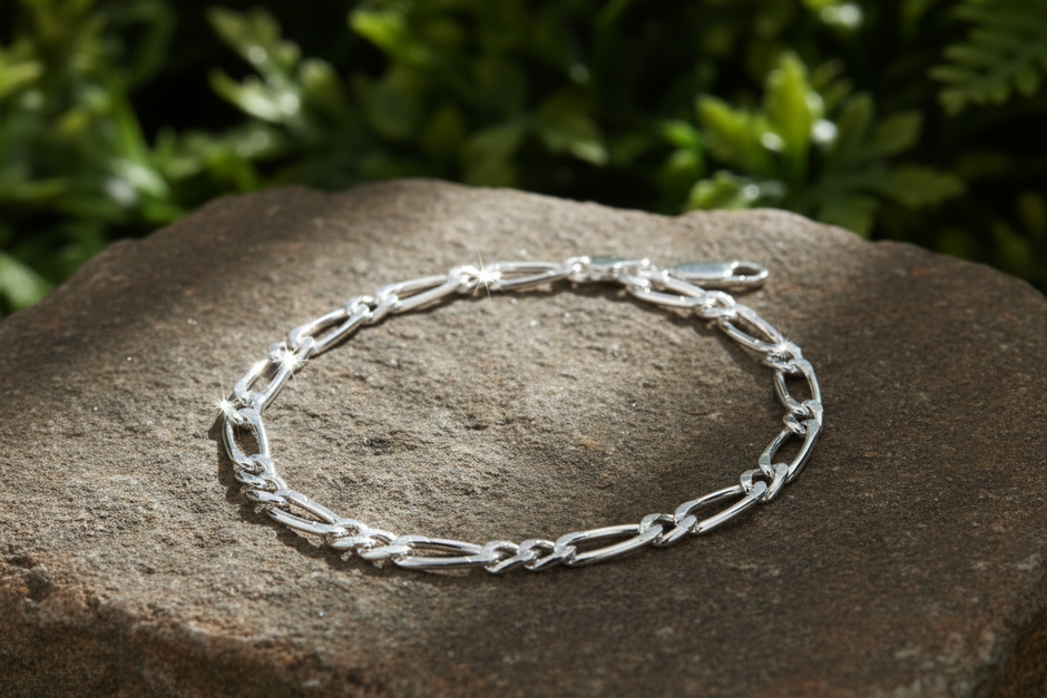Sterling silver figaro chain bracelet with intense sparkle on natural rock
