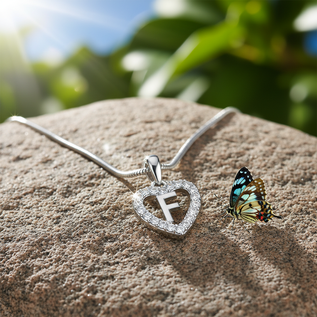 Sterling silver heart initial pendant with butterfly and extra sparkle