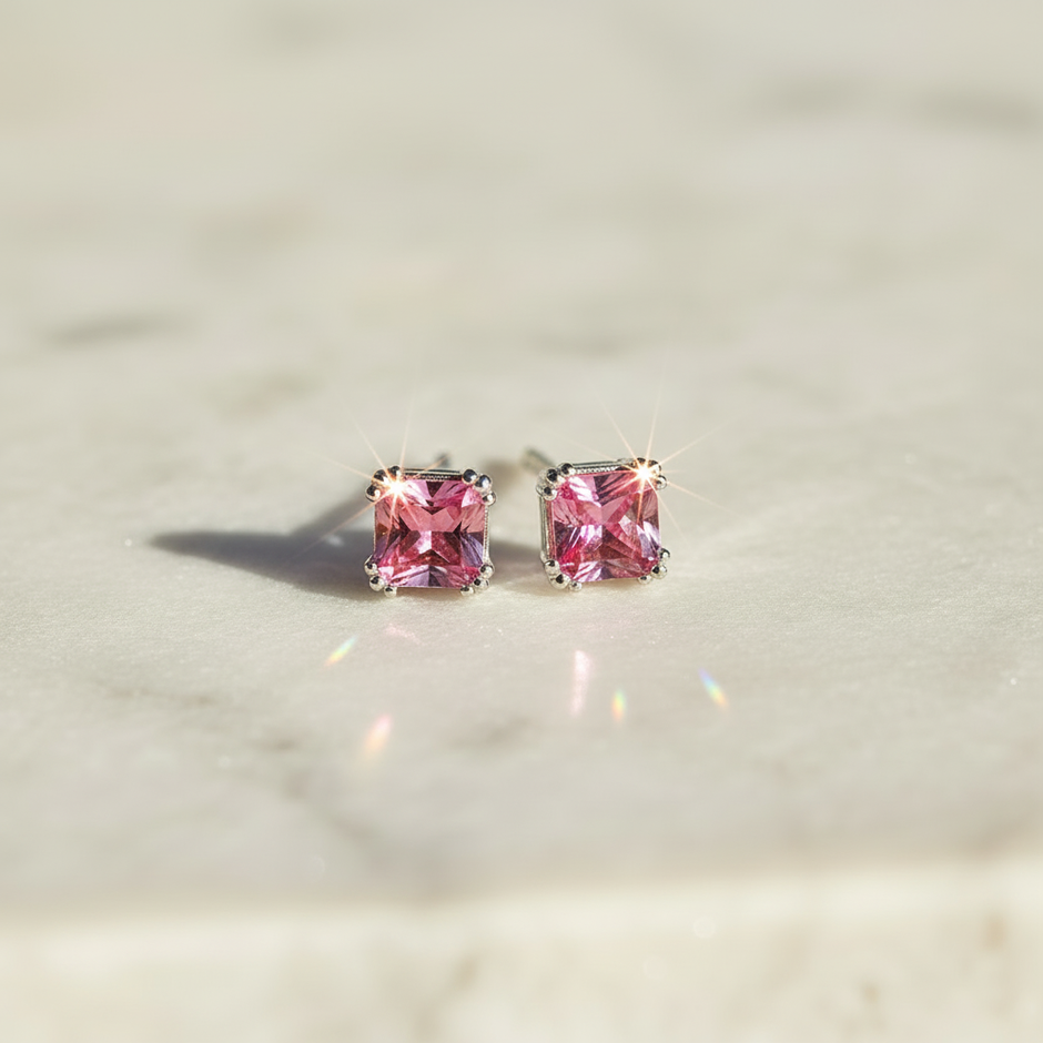 Sterling Silver Pink Cubic Zirconia Stud Earrings Angled View with Sparkle