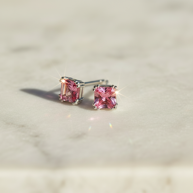 Sterling Silver Pink Cubic Zirconia Stud Earrings Right to Left View with Sparkle