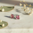 Sterling Silver Pink Cubic Zirconia Stud Earrings with Greenery
