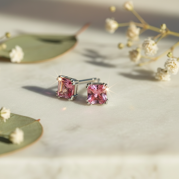 Sterling Silver Pink Cubic Zirconia Stud Earrings with Greenery