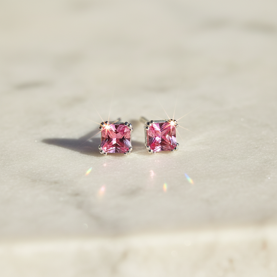 Sterling Silver Pink Cubic Zirconia Stud Earrings with Sparkle on Natural Background