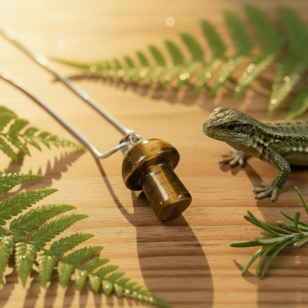 Tiger's Eye Mushroom Pendant – Wooden Surface + Lizard